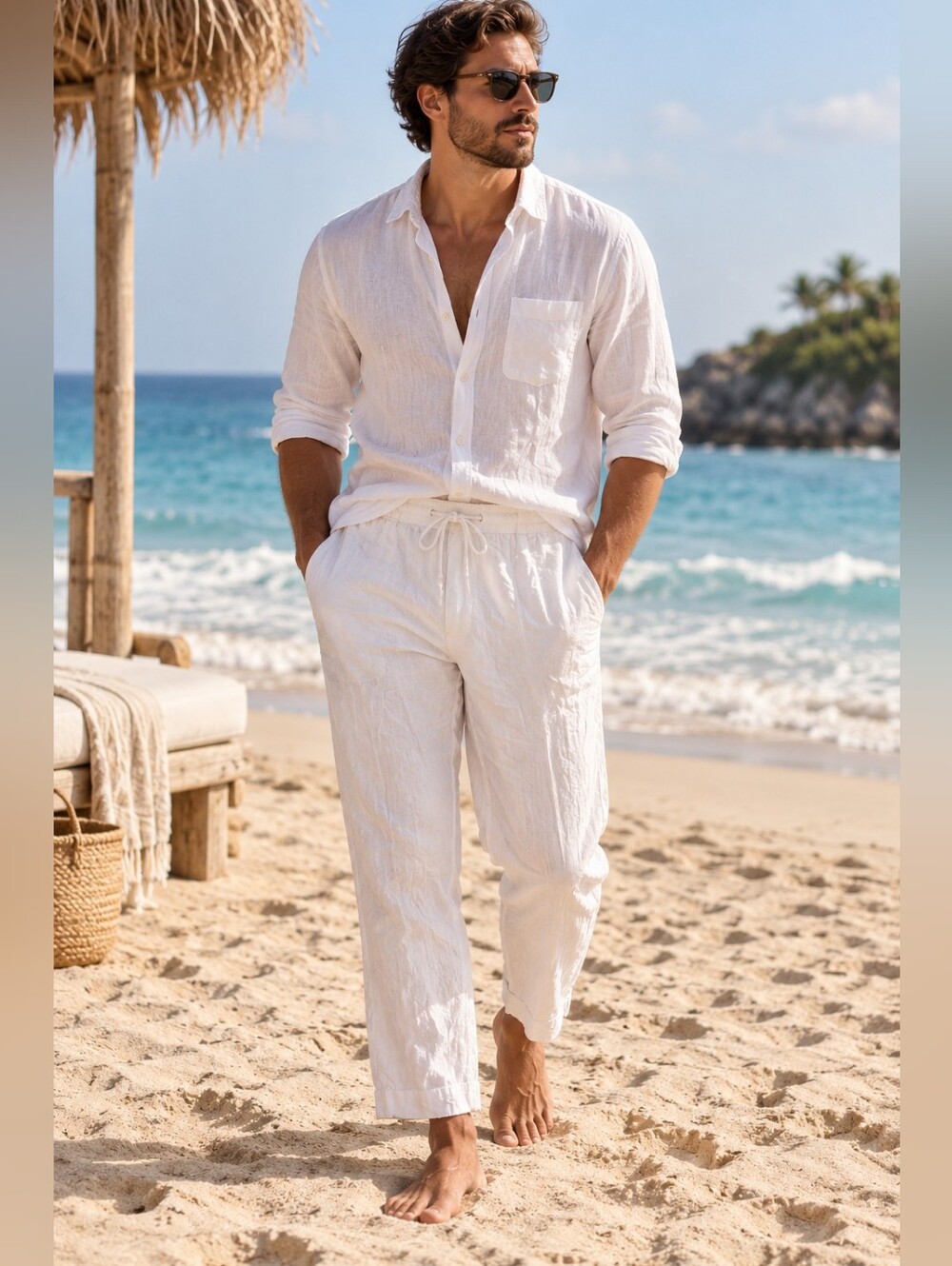 Men’s White Linen Drawstring Pants 40 Beach Resort